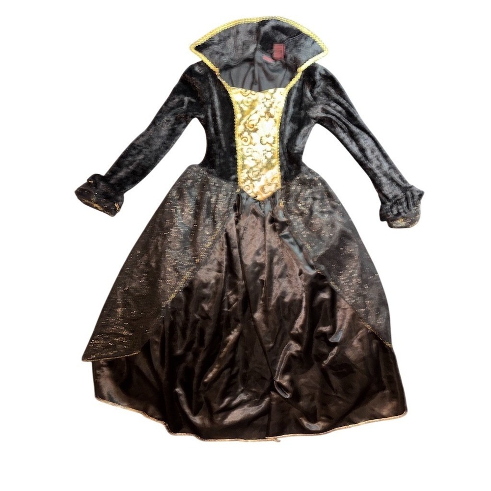 Gothic Queen Spiderella Girls Costume Gown Black & Gold Size M Long Halloween
